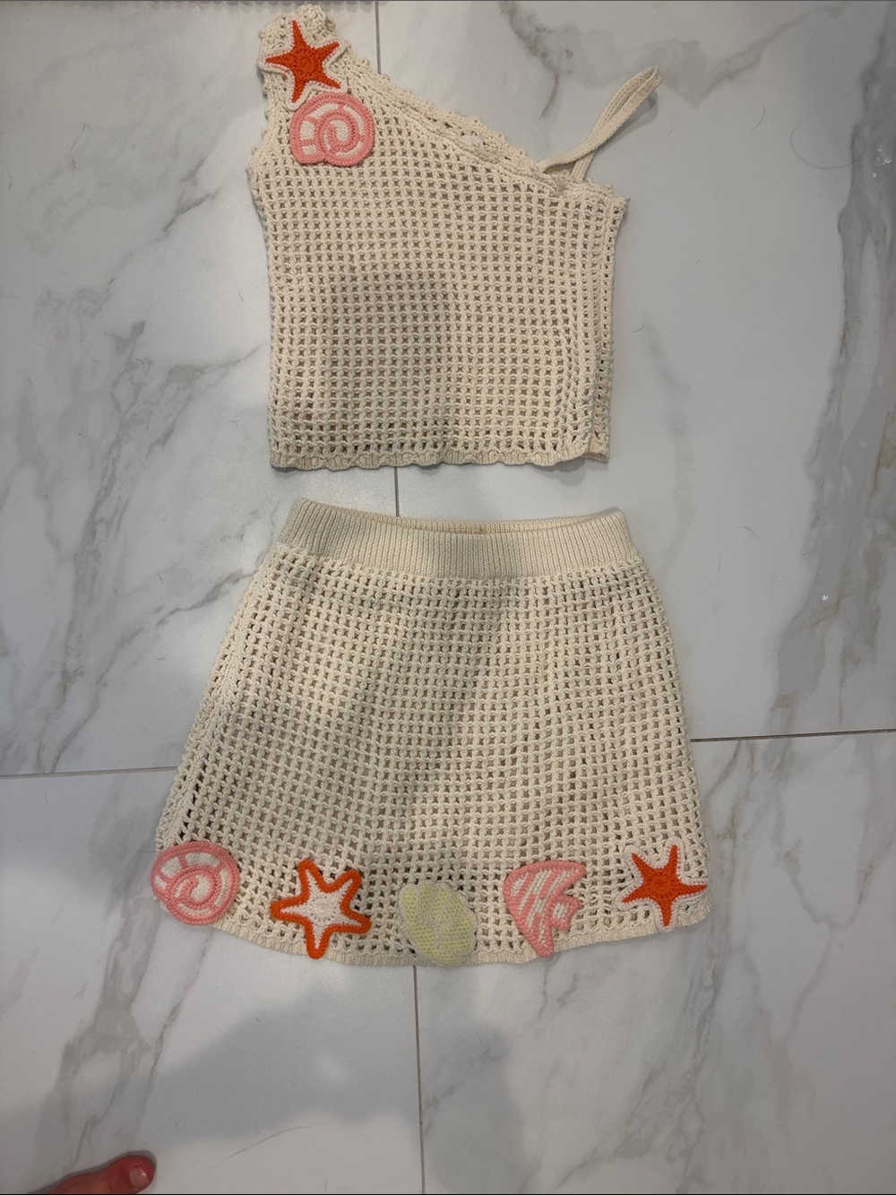 Zara Cream Crochet Crop Top & Skirt Set with Orange & Pink Appliqués